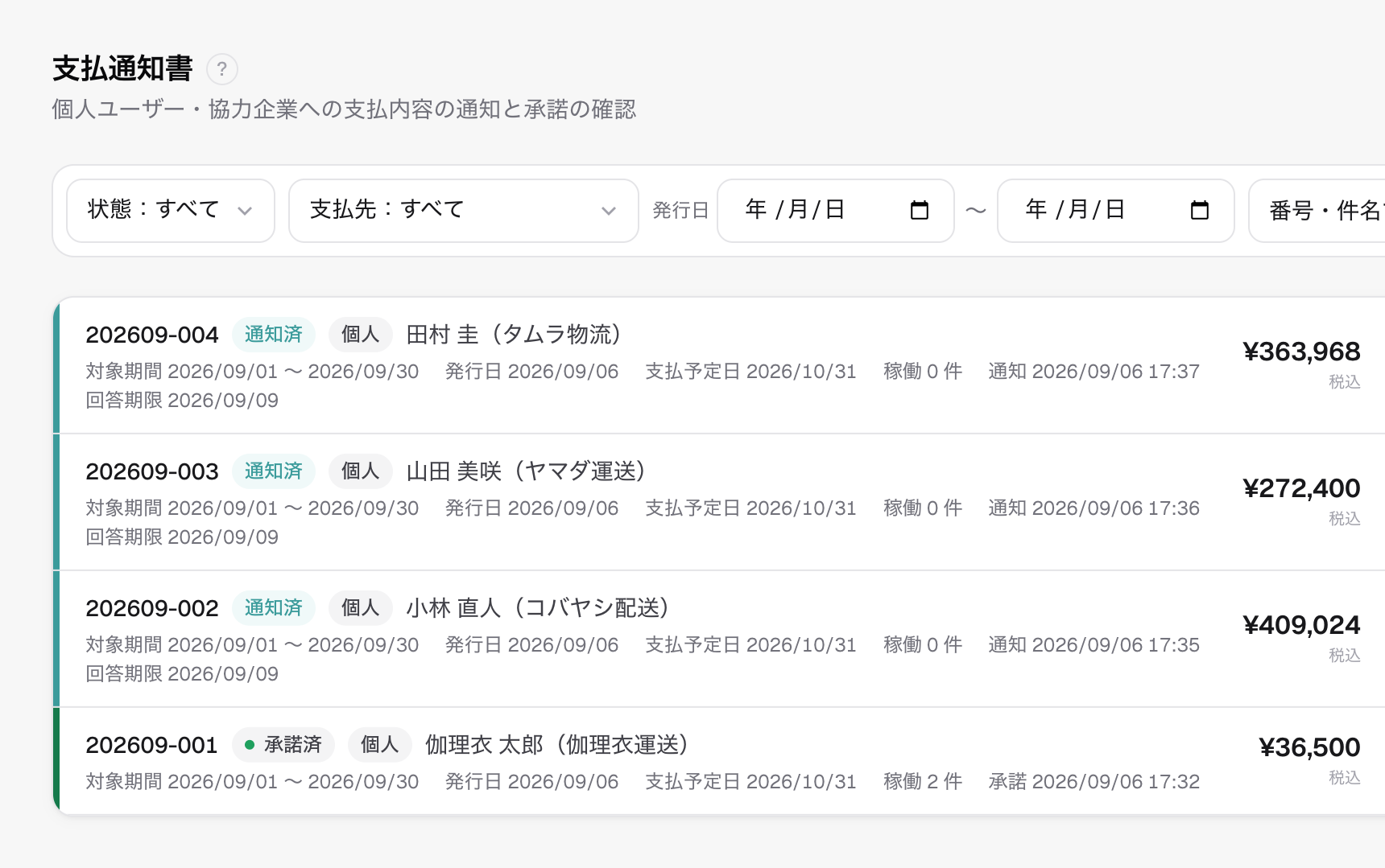 支払通知書の一覧。承諾済、通知済の状態と金額が並ぶ